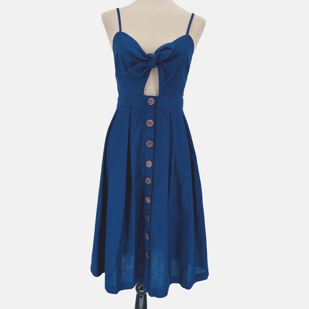Hyfve Navy Blue Tie Front Keyhole Midi Dress Small Linen Cotton Coastal